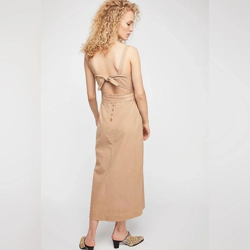 Free People open back tie button cotton fitted boho Dress 2 MSRP: $148 cottage